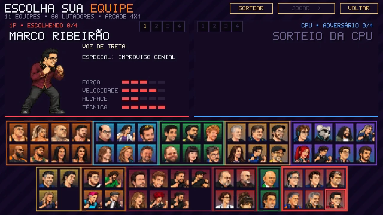Tela de seleção com os 60 lutadores
